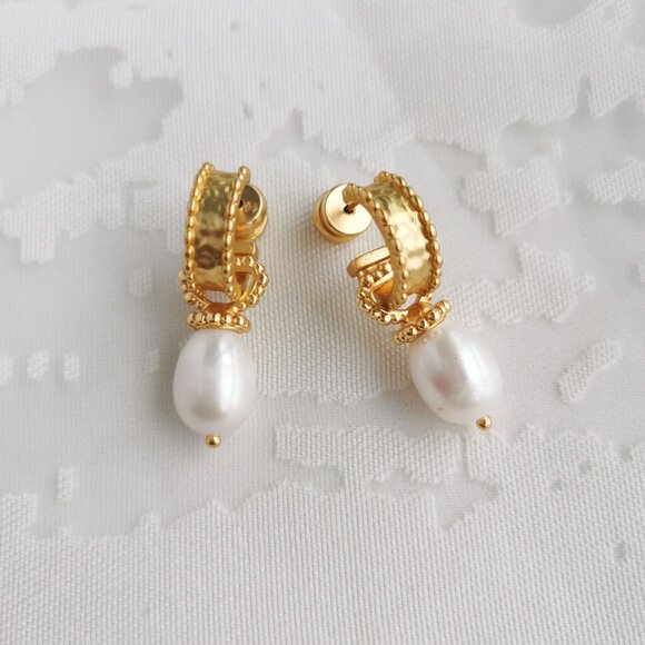 Julie Vos Marbella Gold Hoop & Charm Earrings Pearl - Picture 1 of 3